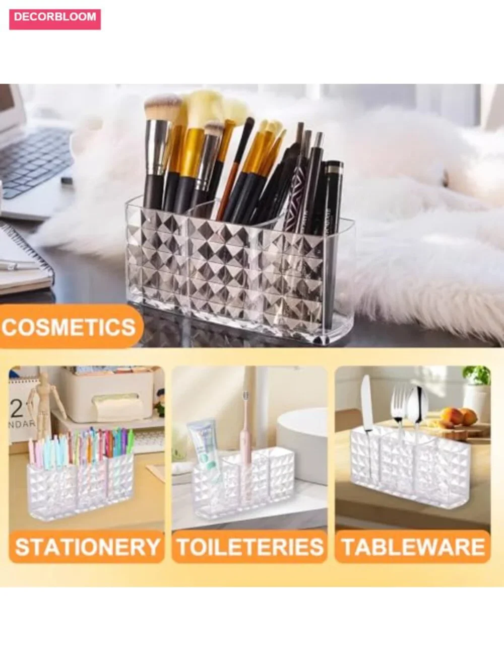 Acrylic Makeup Brush Holder 3 Compartment Cosmetic Organizer Vanity Storage